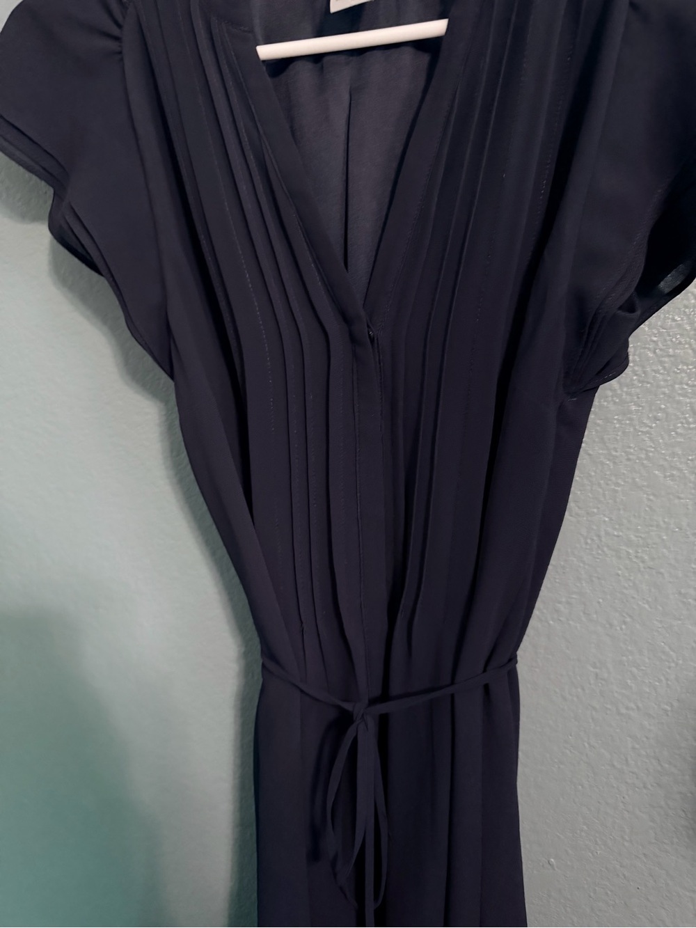 H&M Navy Pleated V-Neck Waist-Tie Dress